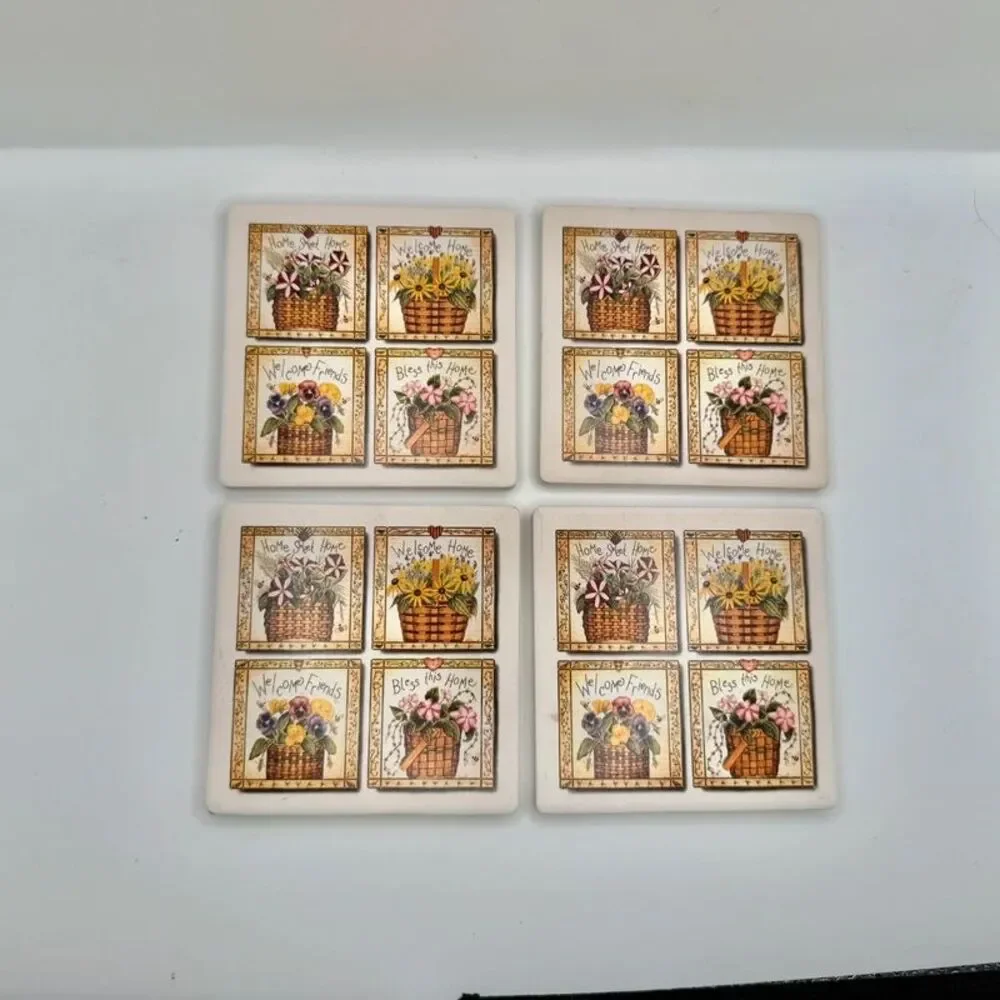 Vintage Country Flower Basket Coaster Set of 4 with Wooden Holder Cottagecore